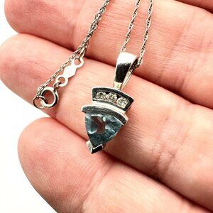 10K White Gold Trillion Cut Aquamarine Diamond Pendant 18" Necklace 2.8 Gram